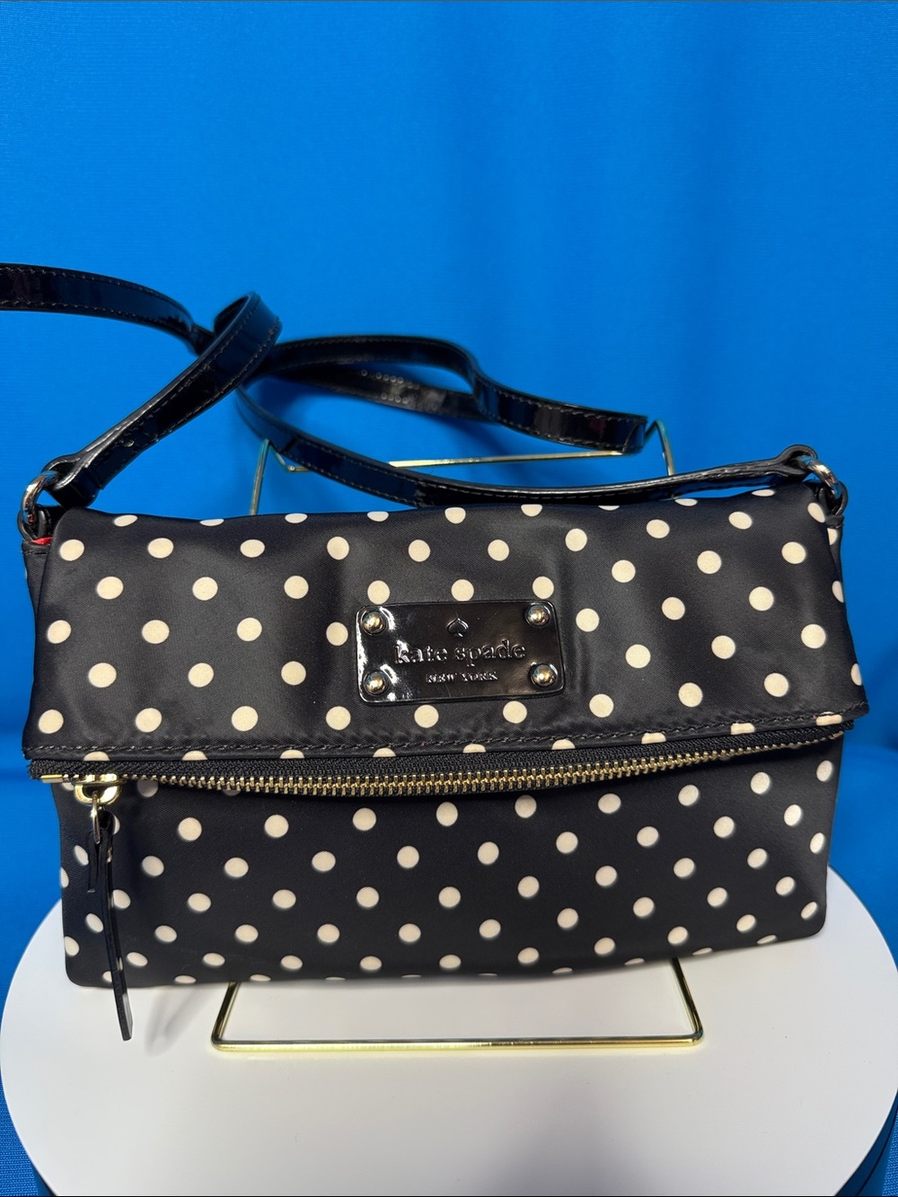 KATE SPADE NEW YORK " ALEAH"  BLACK & WHITE POLKA DOTS NYLON TYPE CROSSBODY BAG